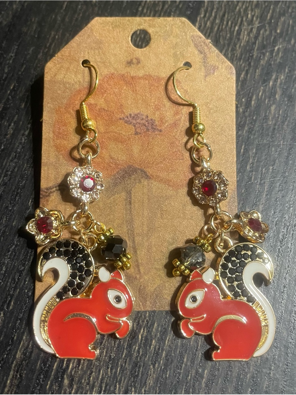 Hand Crafted Red Squirrel Dangle Earrings with Red Gold Accents